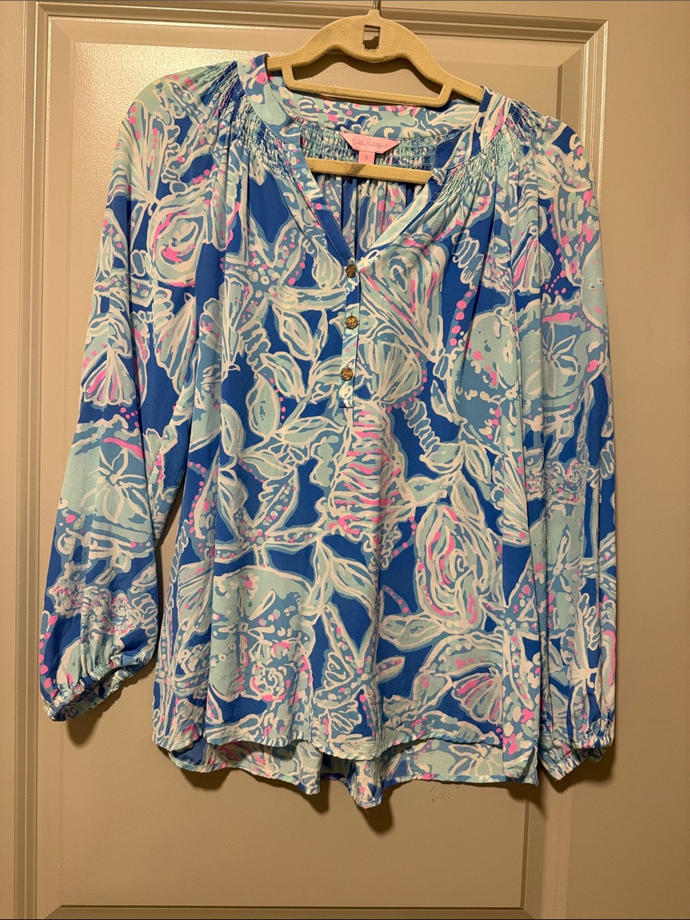 Lilly Pulitzer Blue Floral Button-Front Tunic with Pink & White Accents